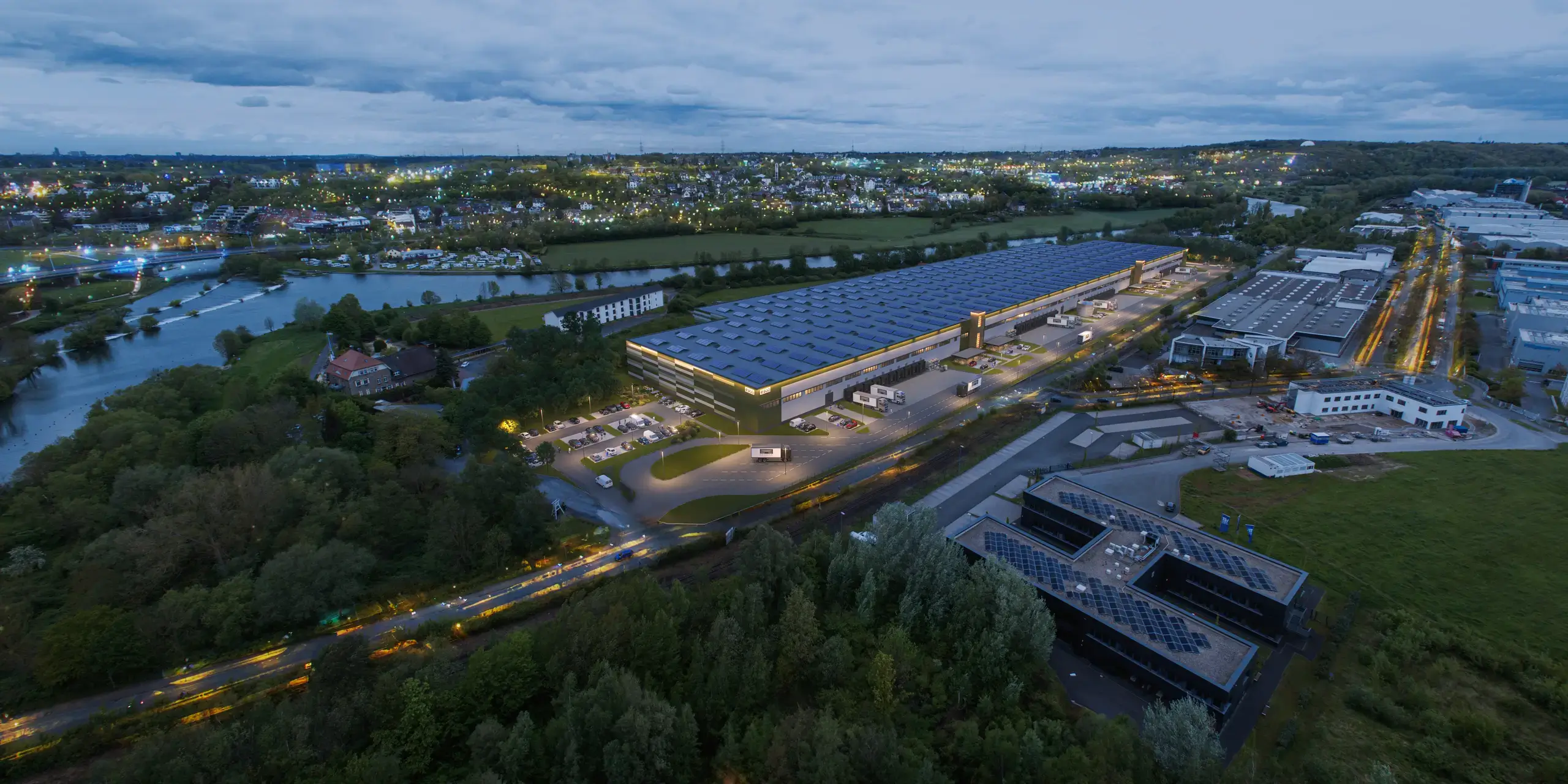 Hattingen Logistiklager in der Vogelperspektive bei Nacht